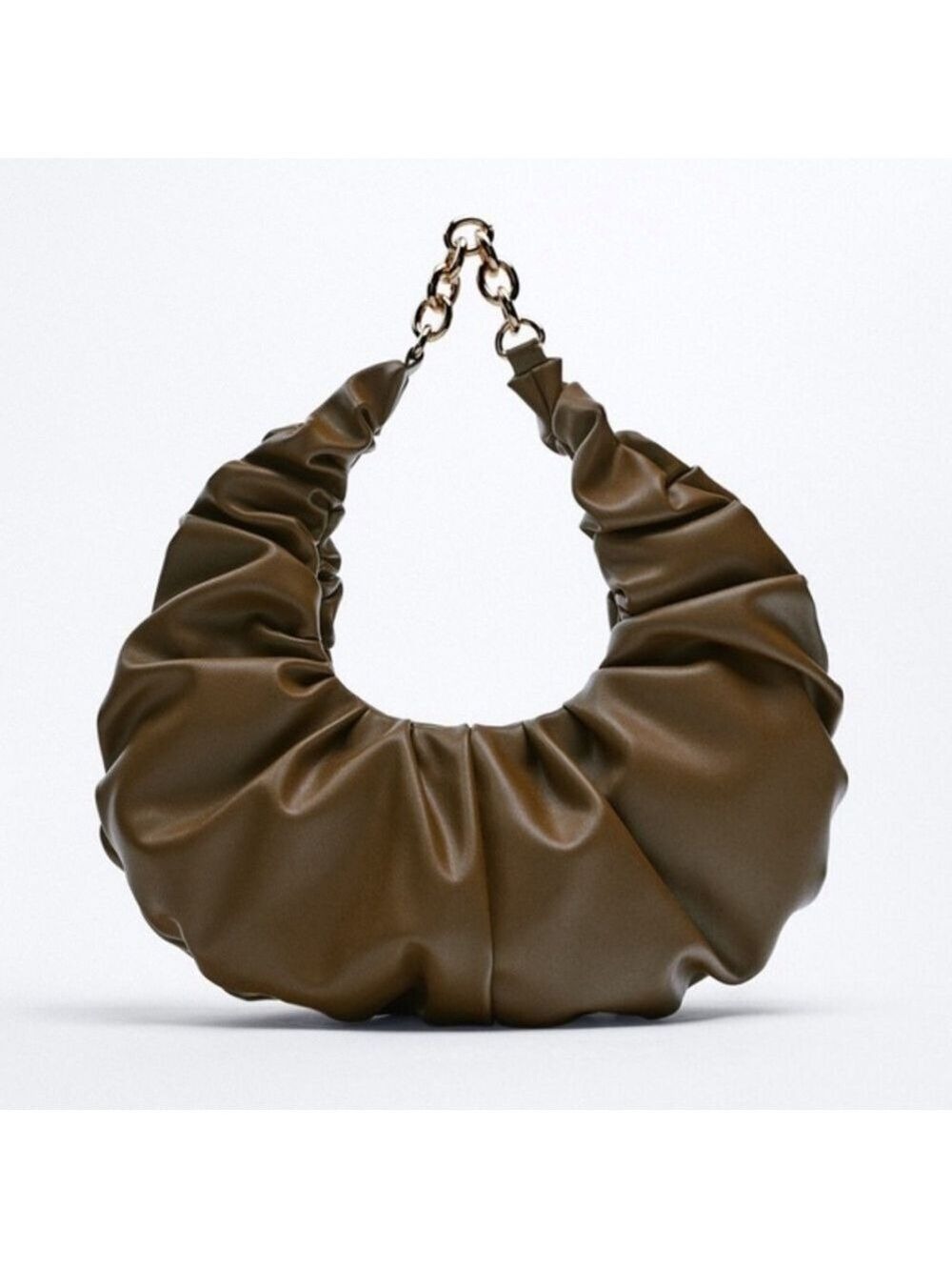 Zara Croissant Shaped Ruched Brown Shoulder Bag Purse with Gold Chain Strap